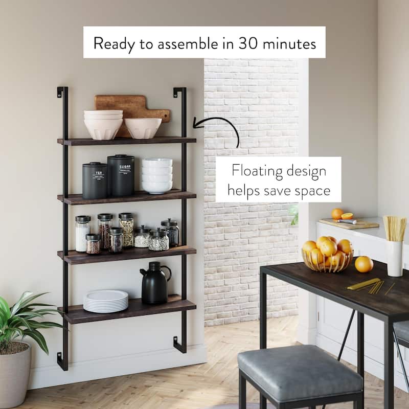 Nathan James Theo 4-Shelf Bookcase Floating Wall Mount Natural Wood Industrial Pipe Metal Frame