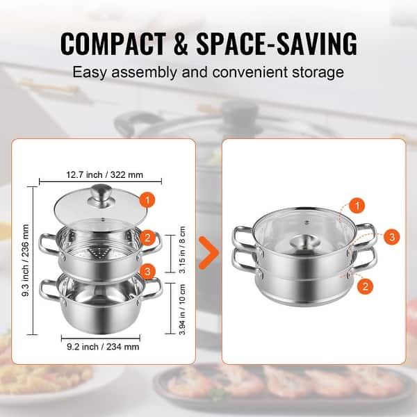 dimension image slide 1 of 4, VEVOR Steamer Pot, Steamer Pot for Cooking with Stock Pot and Vegetable Steamer