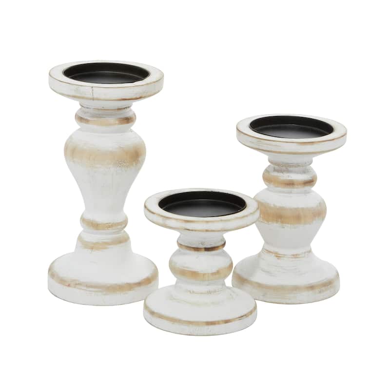 Wood Short Distressed Turned Candle Holder - Set of 3 Brown or White - Roche River Decor