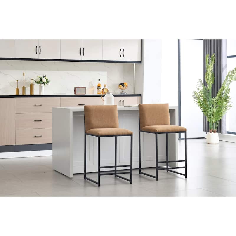 Counter Height Bar Stools Set of 2, Upholstered Linen Bar Chairs, Metal Footrest and Frame for Kitchen,Dining Room-IVORY - Coffee