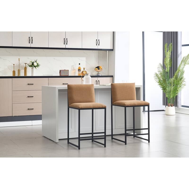 Set of 2 Counter Height Bar Stools, Coffee Brown Linen Upholstery with Metal Frame & Footrest