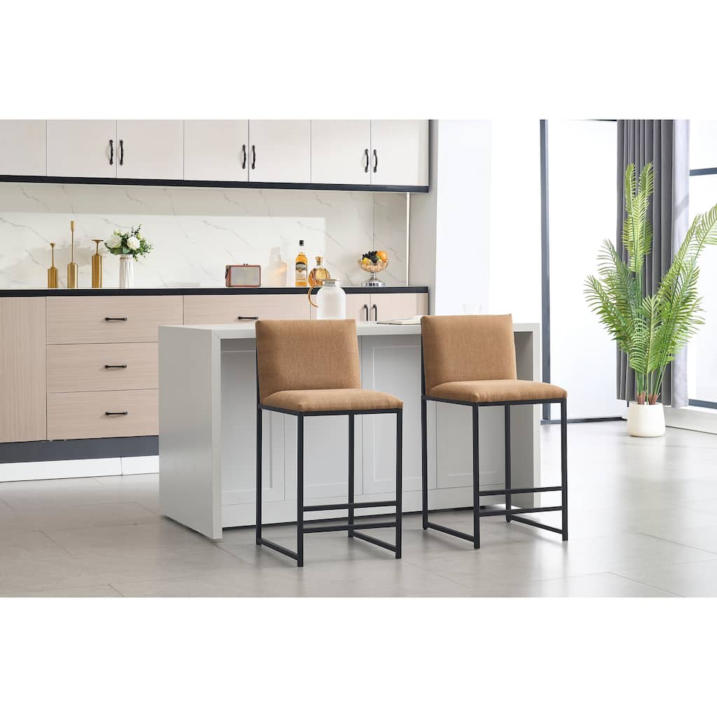 Set of 2 Counter Height Bar Stools, Coffee Brown Linen Upholstery with Metal Frame & Footrest