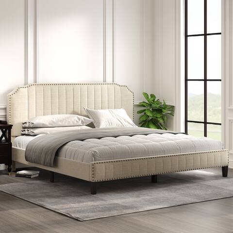 Nestfair King Size Modern Linen Curved Upholstered Platform Bed with Nailhead Trim