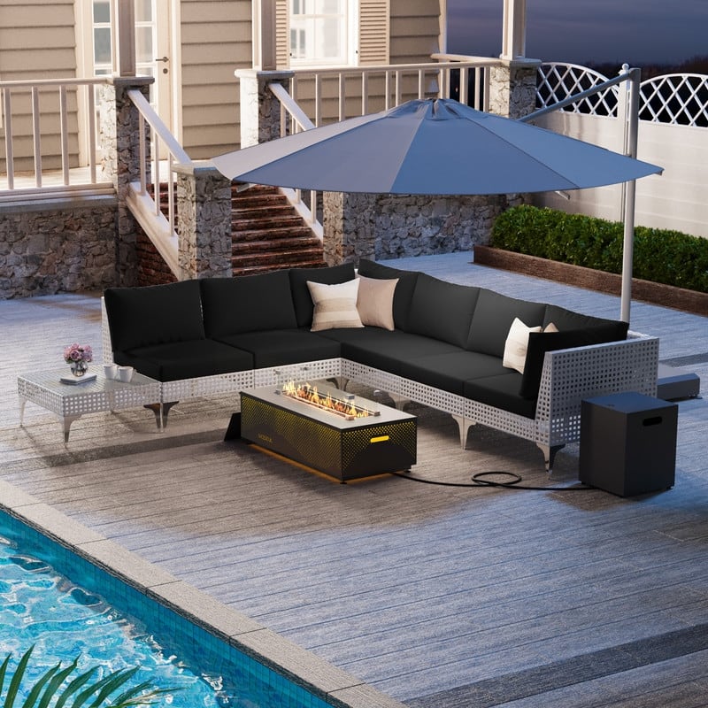 FINCATI Oversized Outdoor Sectional Set with 42'' Rectangular LED Firepit Table, 9-piece High-back Patio Wicker Conversation Set