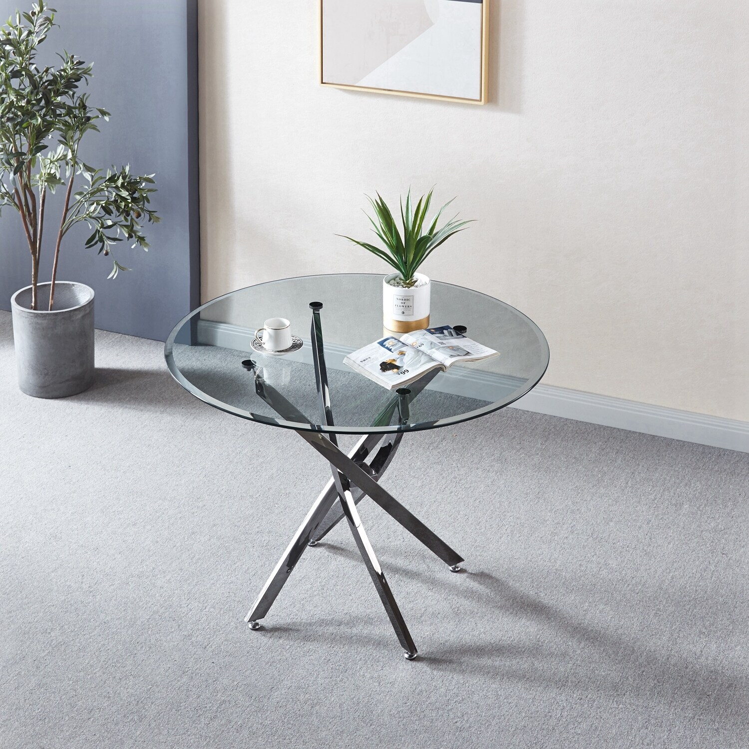 Round glass shop table chrome legs