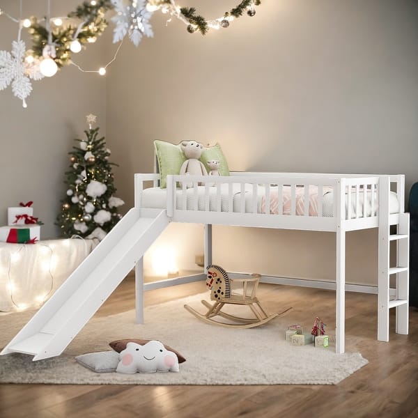 slide 2 of 24, Twin Low Loft Bed with Ladder & Slide, White White