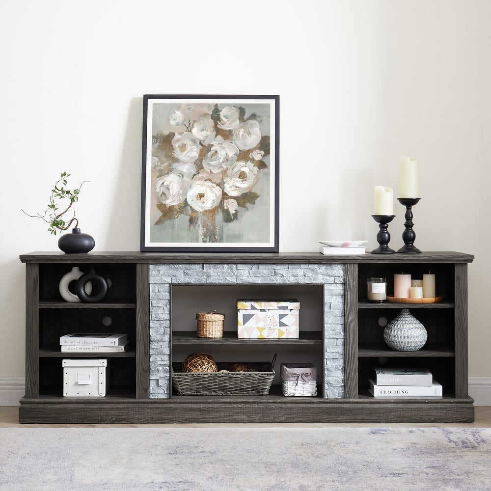TV Media Stand with Faux Stacked Stone, Console Table with Large Storage Cabinet, Media Entertaionment Stand with Shelves