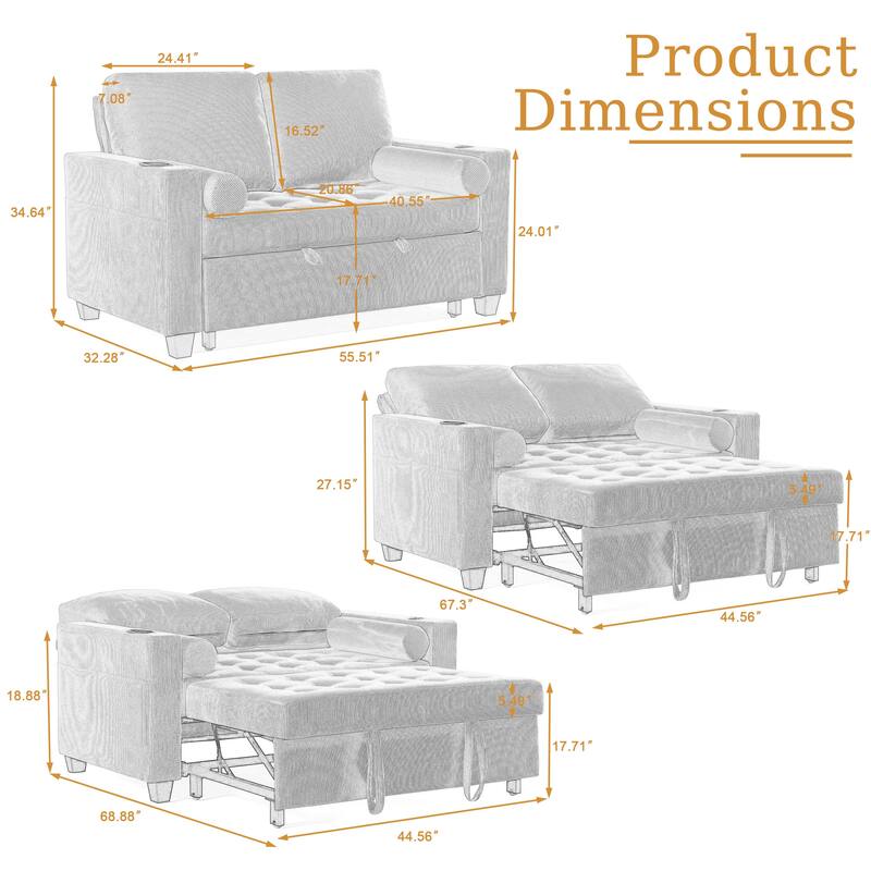 Corduroy Pull-Out Chair Bed Adjustable Recline Convertible Sleeper Sofa