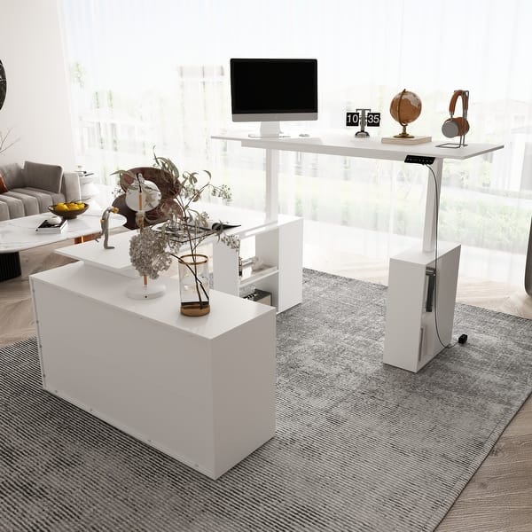 slide 2 of 20, Electric Height-Adjustable Office Desk with Glass Cabinets & Storage