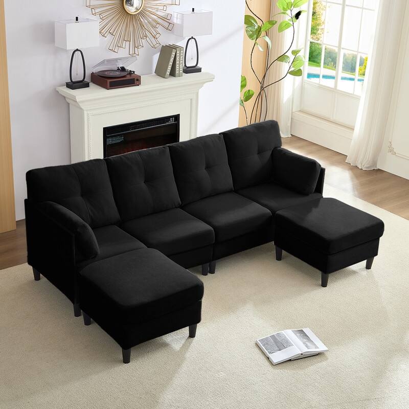 Mixoy W87"U-Shaped Sectional Couches,Velvet 4-Seater Convertible Sofa With Movable Storage Ottomans - W87''*D51.2''*H33.5'' - Black
