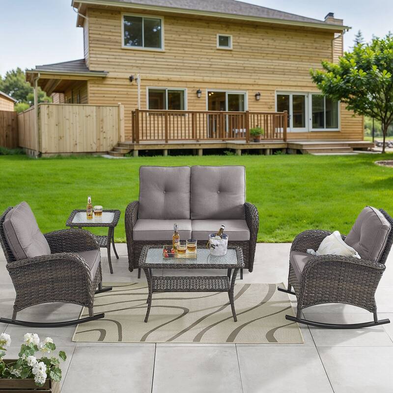 Outdoor Glider Sofa Rocker Chairs Coffee Table - Brown - Grey