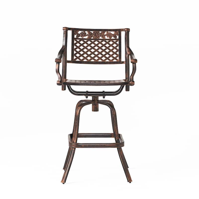 Roomfitters Swivel Patio Bar Stool with Floral Design, Cast Aluminum Frame, Adjustable Height, Comfortable Armrests