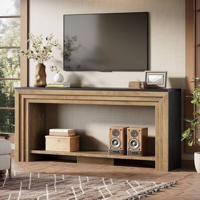 70.9 Inch Extra Long Console Table, Farmhouse Narrow Wooden Sofa Table with Storage Shelf - 11.61" W x 70.9" L x 32.68" H - Natural&Black
