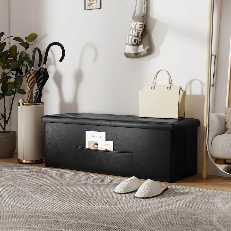 Costway 43 Inches Folding Storage Ottoman Bench with Side Pocket