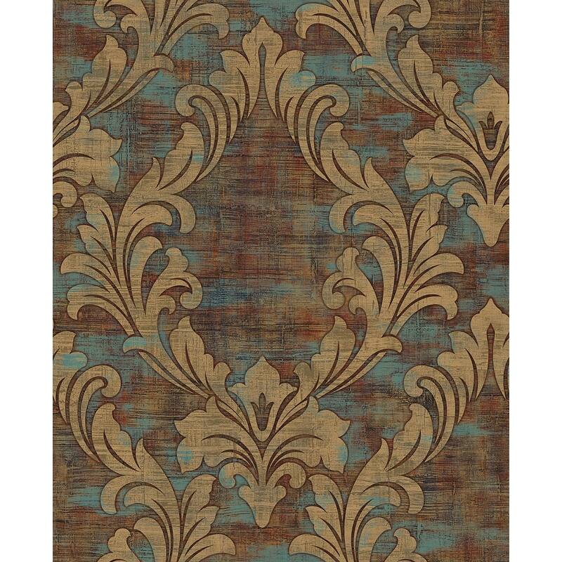 Seabrook Designs Kepler Damask Unpasted Wallpaper - 20.5 in. W x 33 ft. L - Metallic Gold and Spruce