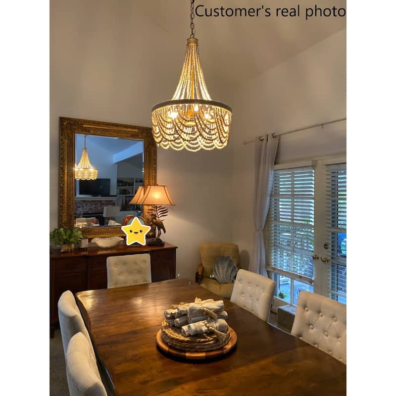 Farmhouse Distressed Wood Beaded Chandelier Empire 3-light Hemp Rope Basket Coastal Ceiling Lights - D 20" x H 33"