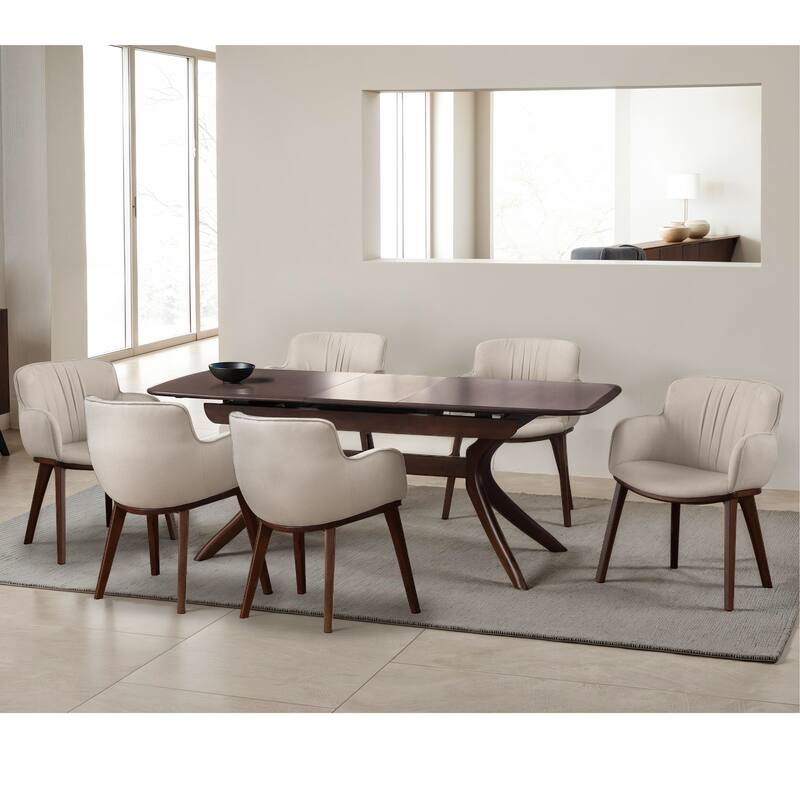 Furniture of America Abigail IV Mid-Century Modern 7-Piece Rich Walnut Solid Wood 79-inch Extendable Dining Set - Beige