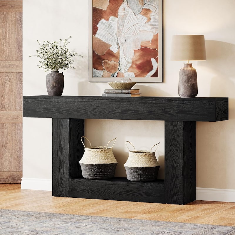 Farmhouse 2 Tiers Entryway Table, 63 Inches Console Table, Narrow Sofa Table - Black