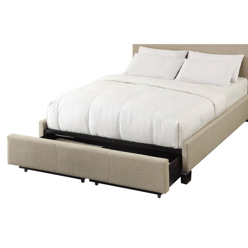Pax Queen Bed, Storage Footboard, Button Tufted Upholstery, Beige Linen