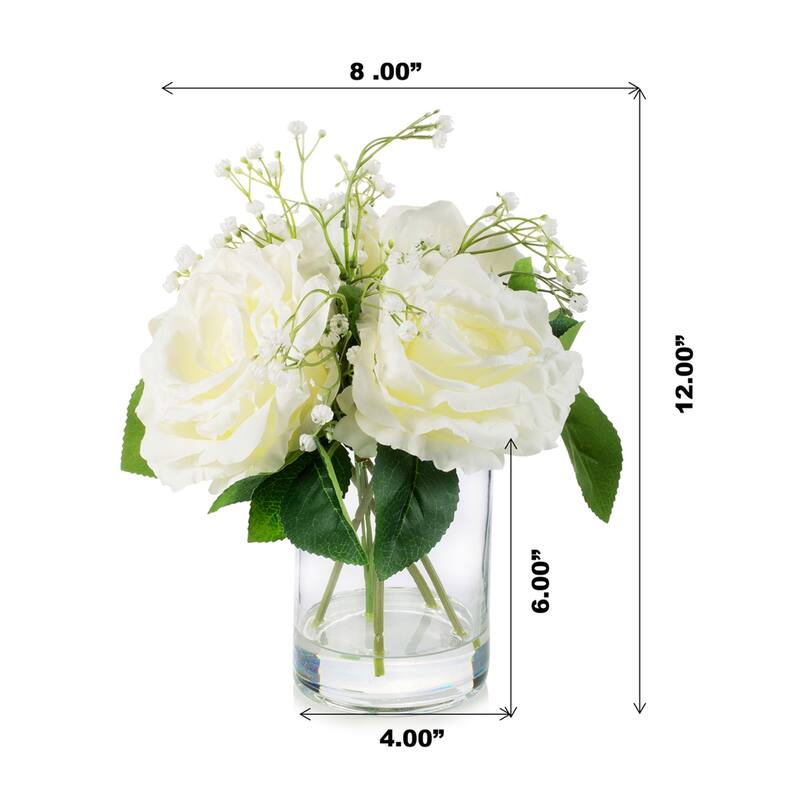 Enova Home 4 Large Silk Rose Flowers in Clear Glass Vase with Faux Water for Home Office Decoration