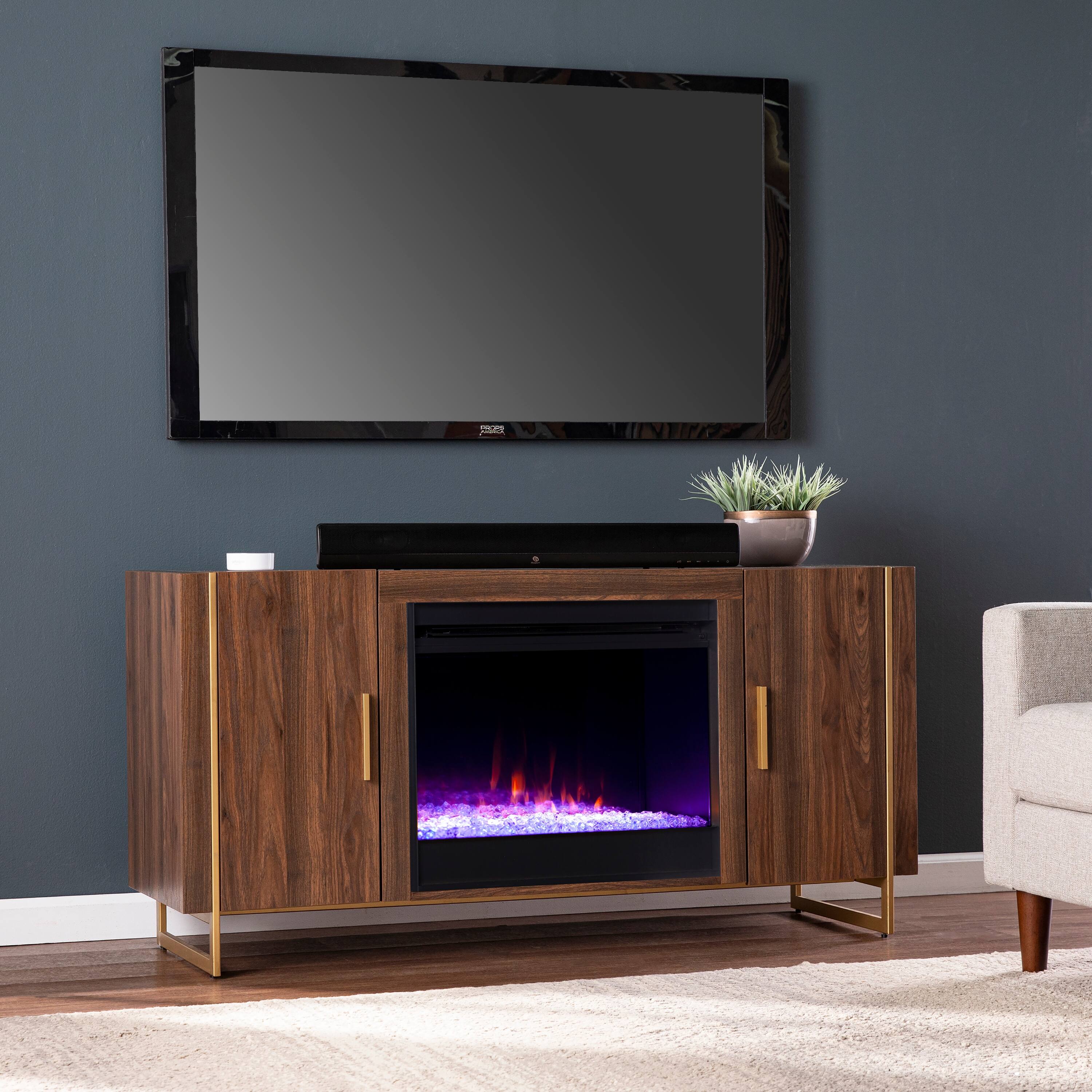 SEI Furniture Danielson Brown Wood Color Changing Fireplace Media TV Stand for TV's up to 52