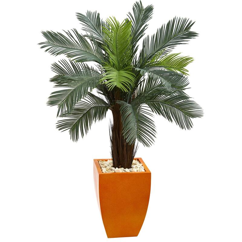 4.5ft Cycas Artificial Tree in Orange Planter with UV Resistant Green Fronds for Tropical Home or Outdoor Decoration
