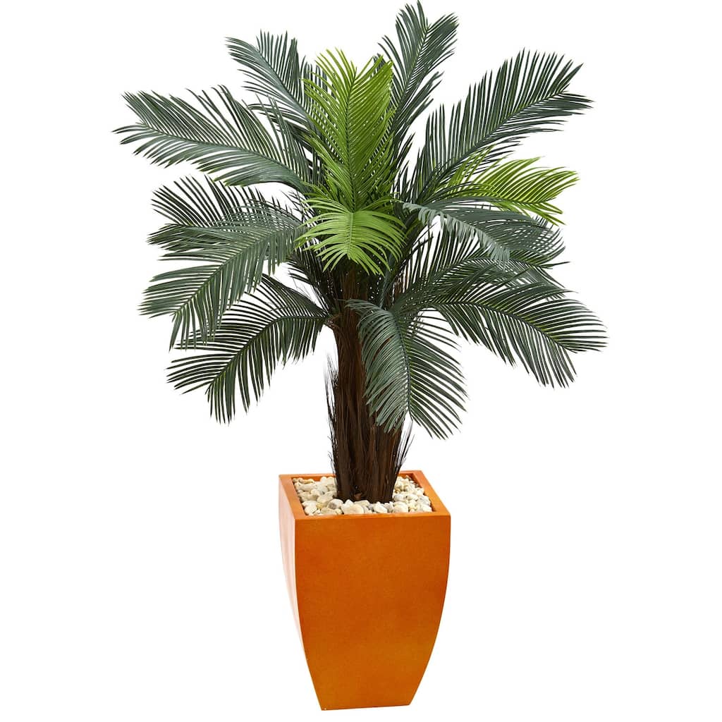 4.5ft Cycas Artificial Tree in Orange Planter with UV Resistant Green Fronds for Tropical Home or Outdoor Decoration