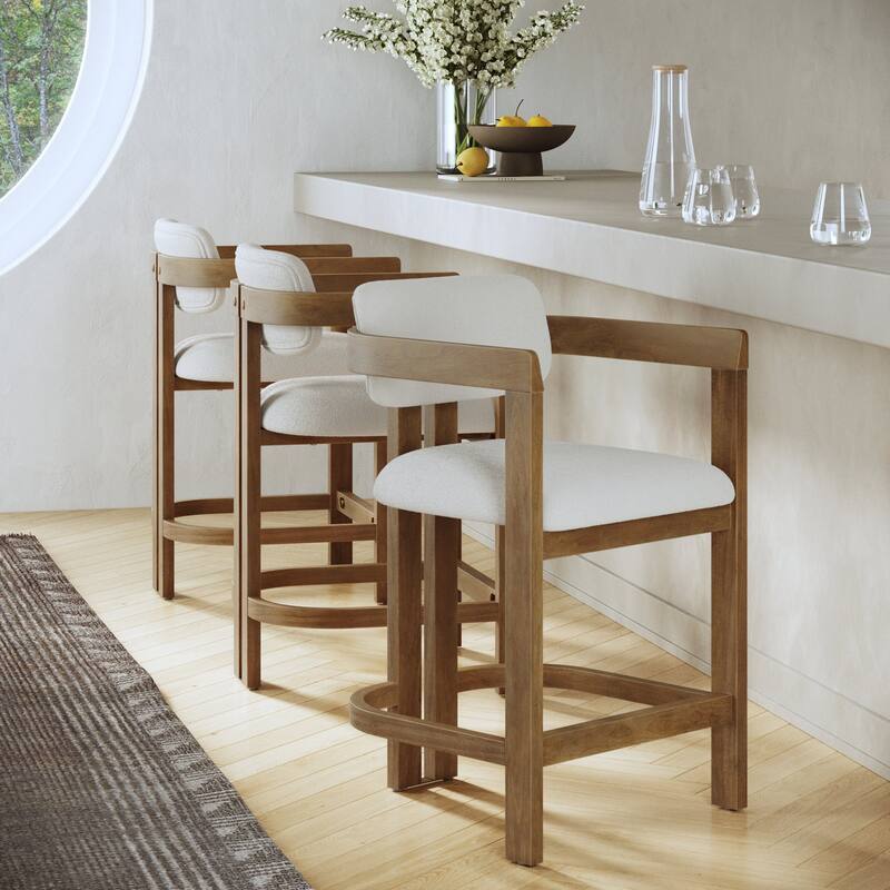 Veya Modern Barrel Bar Stool with Solid Wood Legs and Boucle Upholstery - Set of 3 - With Back