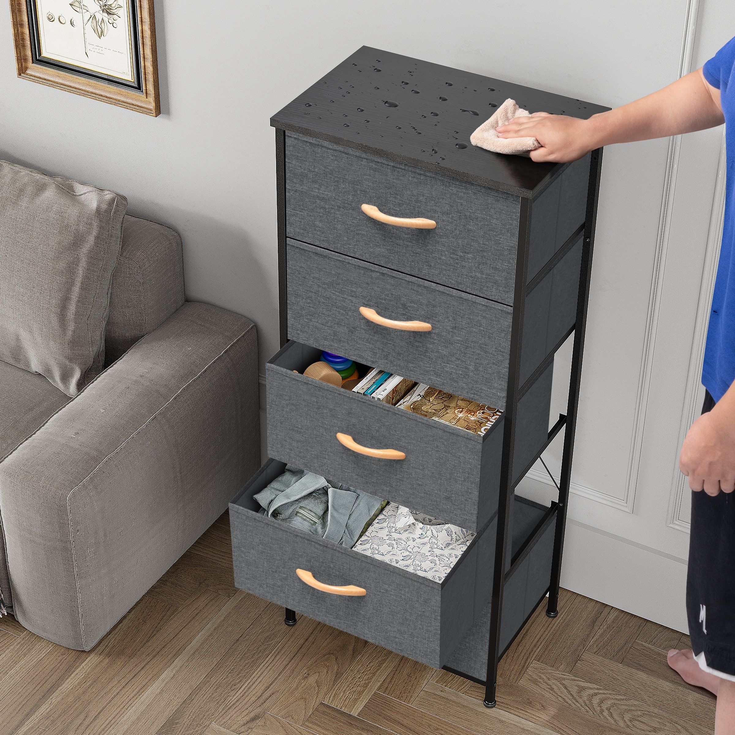 Dresser for Bedroom Storage Drawers Fabric Storage Tower with 5 Drawers,  Chest of Drawers with Fabric Bins