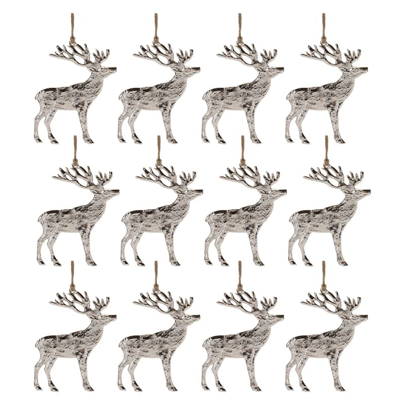 12-Piece Deer Christmas Ornaments Metal Set for Festive Home Decoration - 4.5" x 0.25" x 5" - Silver