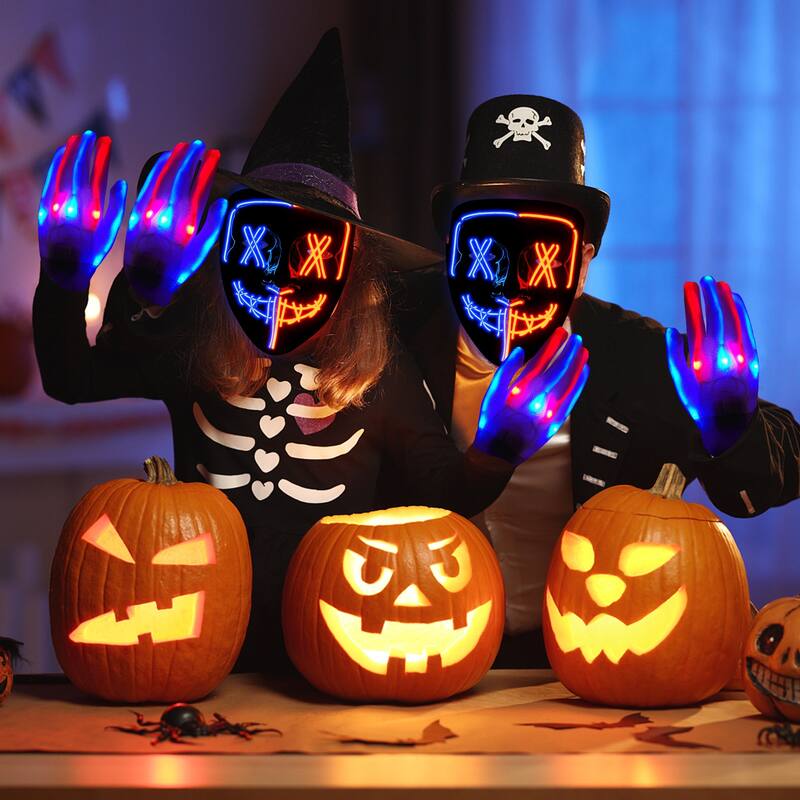 Halloween Led Mask Light Up Scary Mask and skeleton Gloves Purge Mask with 3 Lighting Modes