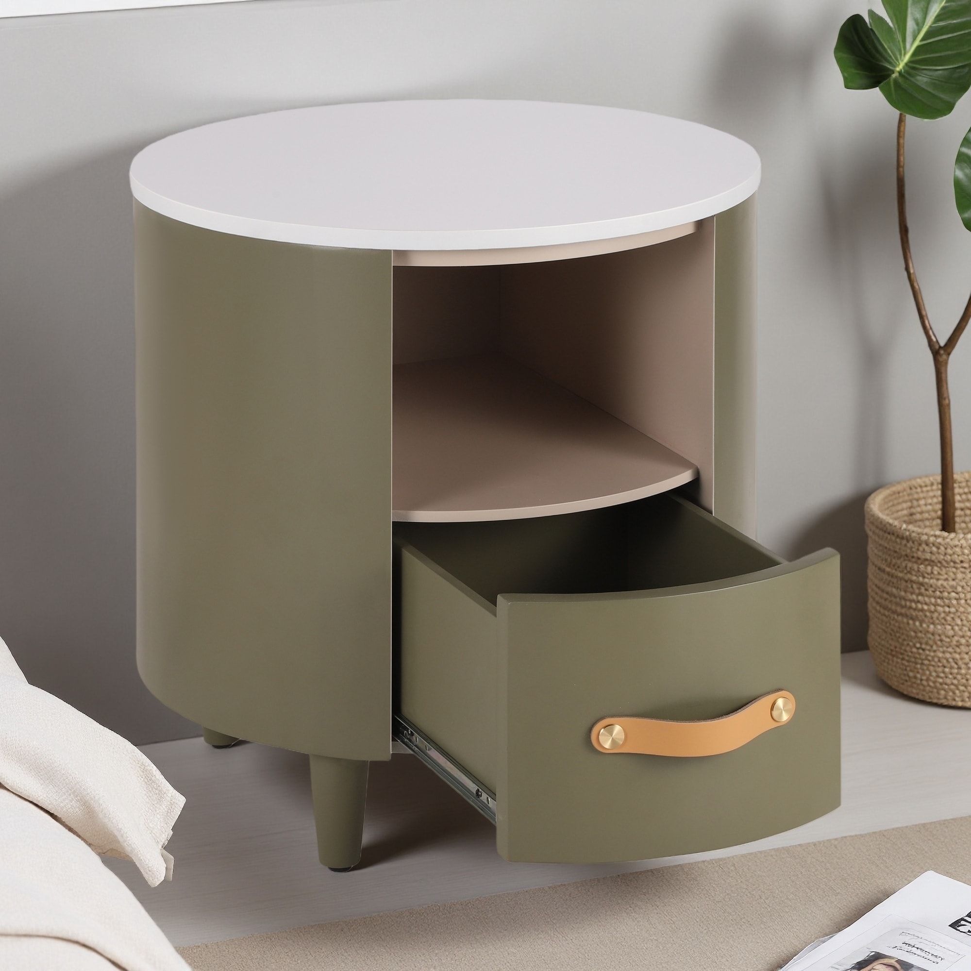 19.25"L Wood Round Nightstand with Storage Drawer, Open Shelf, Curved Design Bedside Table with Leather Handles & Tapered Legs