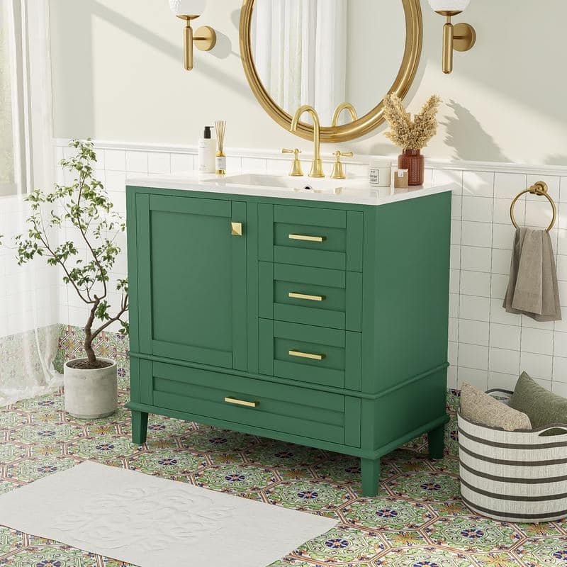 Contemporary 36-inch White Bathroom Vanity Cabinet with a Sturdy Pine Frame, 1 Soft Close Door and 3 Drawers.