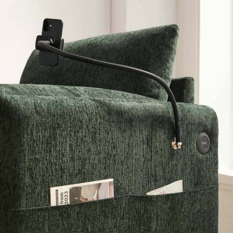 38" Chenille Single Sofa with Storage Ottoman, USB Charger, Side Storage Pockets, Pillow-like Armrests