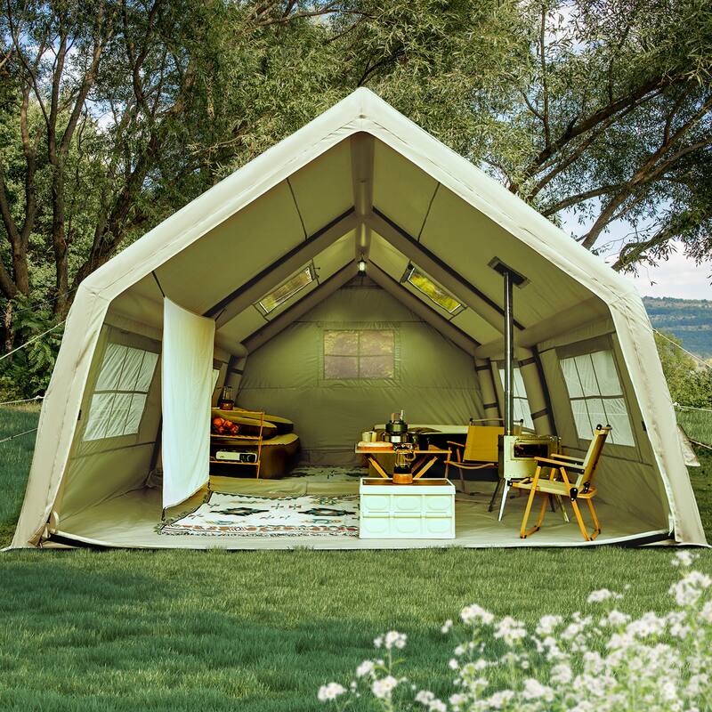 Erommy Inflatable Camping Tent, Glamping Tents 4 Season Waterproof Windproof Cotton Tent with Stove Jack & Mesh Windows & Pump - 16'x12' - Green