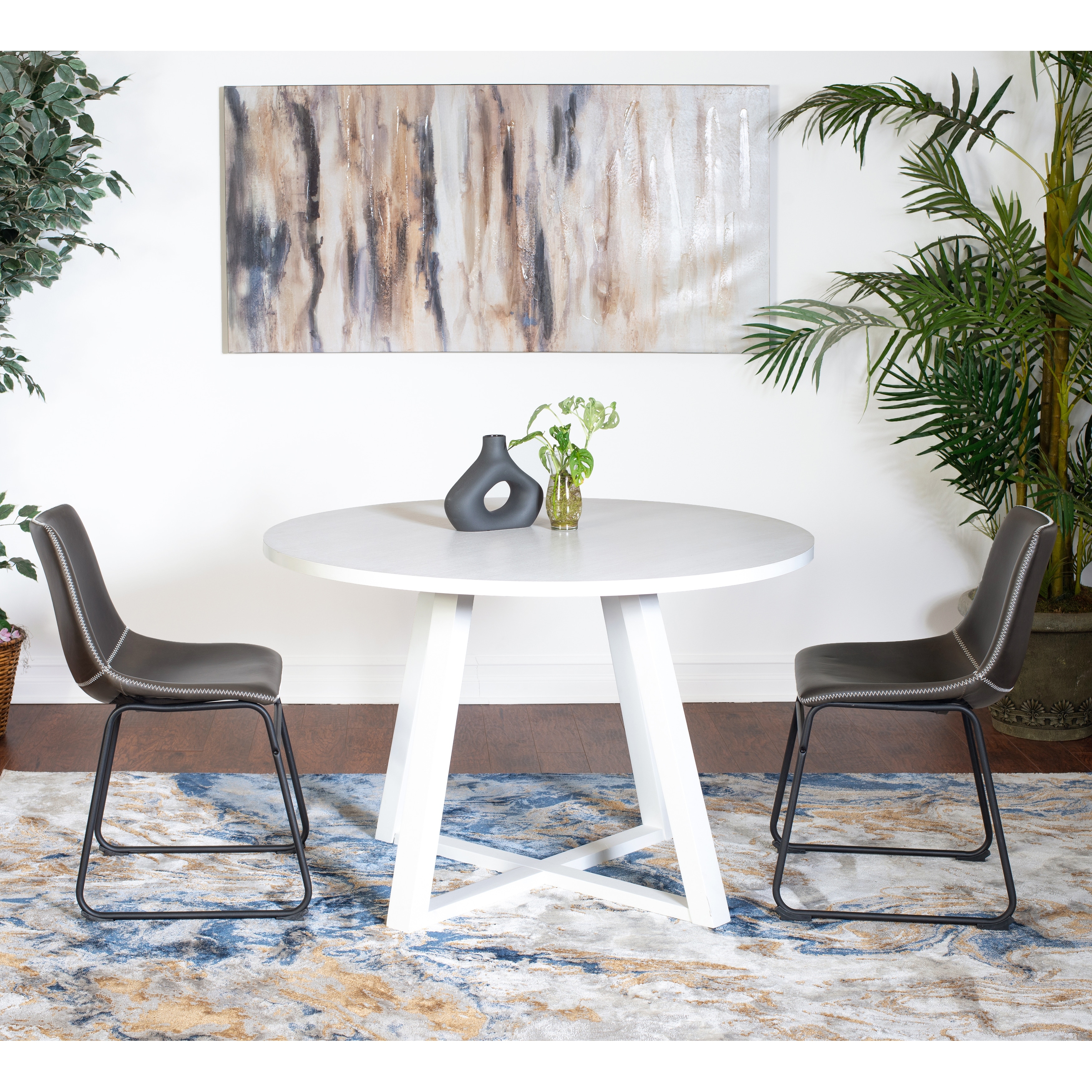Gray Stylish Dining Table and Chair Set, Round Dining Table with Trestle, Leather Barrel Chairs with Sled Base
