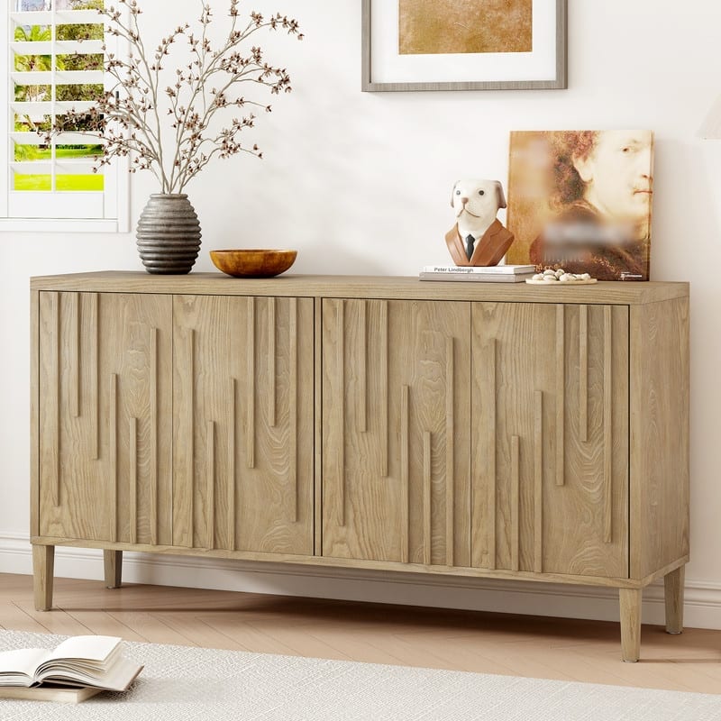 59.8" 4-Door Sideboard,Hidden Handle,Distinctive Solid Ash Veneer Buffet with Storage