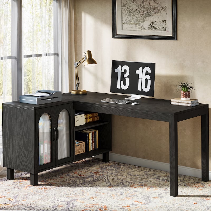 L Shaped Executive Desk with File Cabinet and Shelves, Corner Desk for Home Office - Black