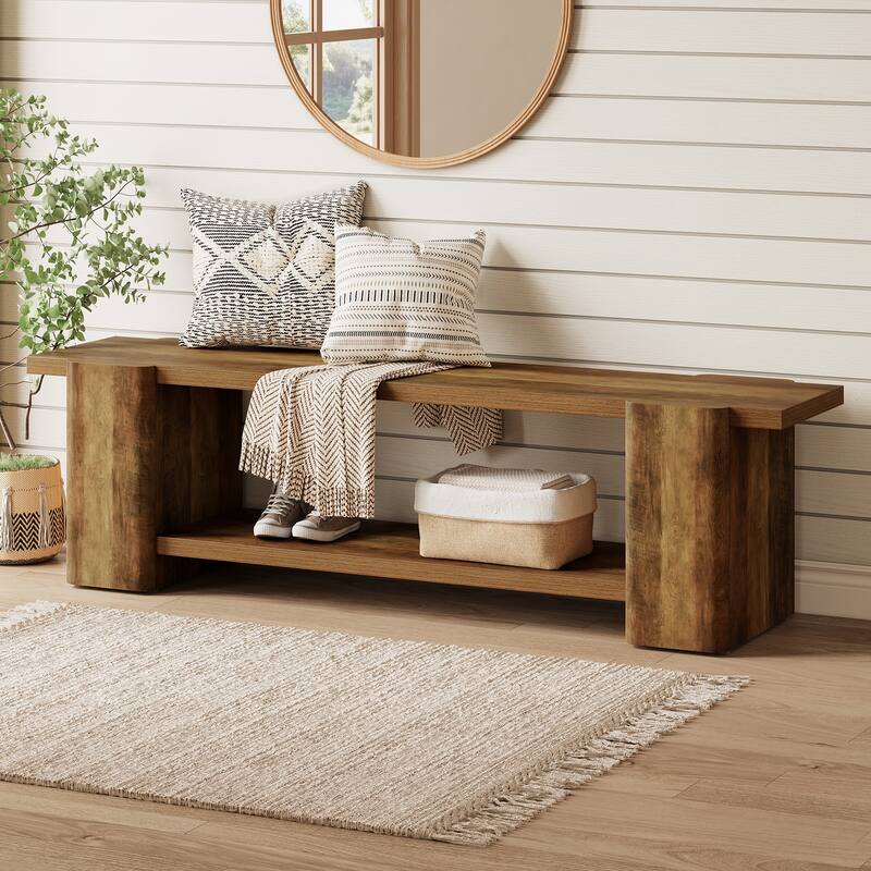 63" Entryway Bench, 2-tier Shoe Bench with Open Shelves