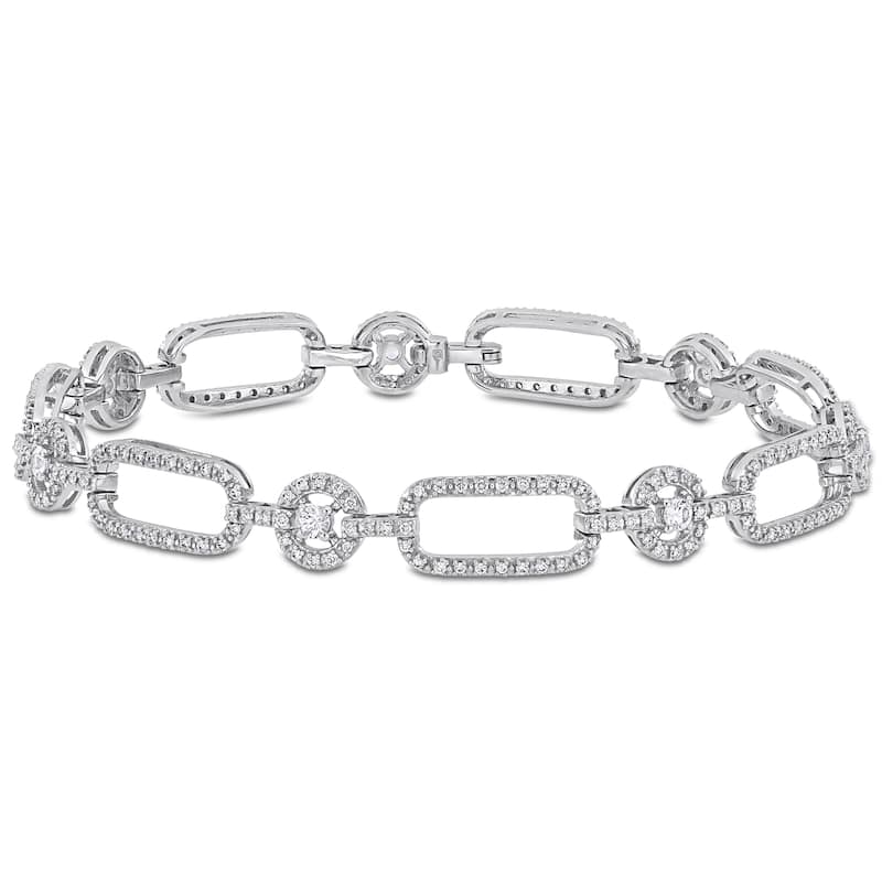 Miadora 10k White Gold 1ct TDW Diamond and White Sapphire Rectangle Halo Link Bracelet