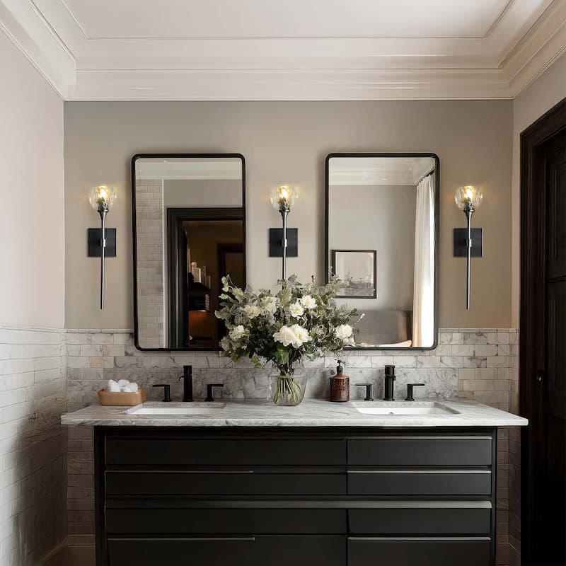 Modern Armed Wall Sconce - Metal, Glass & Matte Black, Crystal Clear 1-Light Wall Sconce for Bedroom or Bathroom in Modern Style