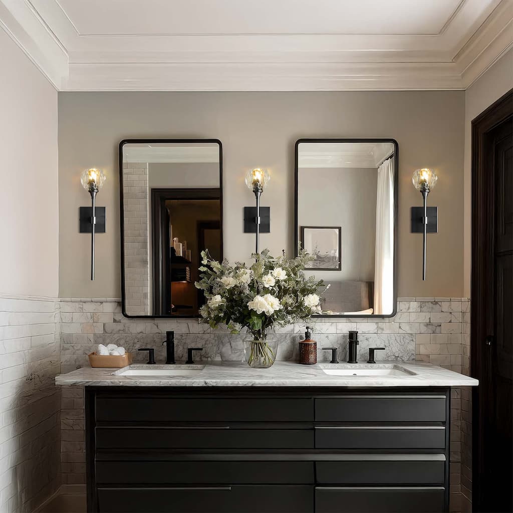 Jade Armed Wall Sconce - Metal, Glass & Matte Black, Crystal Clear 1-Light Wall Sconce for Bedroom or Bathroom in Modern Style