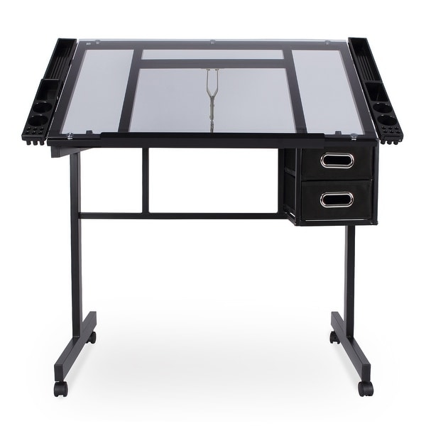 Adjustable Drafting Drawing Craft Table Art Glass Desk w//Storage Drawers Black