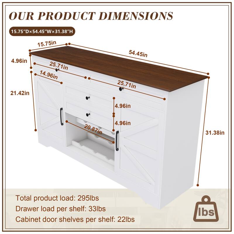 54" Farmhouse Buffet Sideboard with Storage Cabinet & Adjustable Shelf, Wood Top Dining Table with Drawer