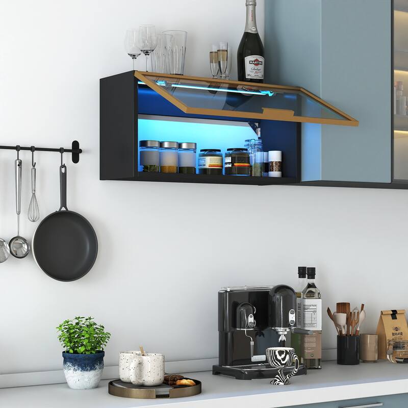 Large-Capacity Spice Rack Wall Mounted Storage Cabinet, Black Hanging Kitchen Pantry with Up-Flip Door