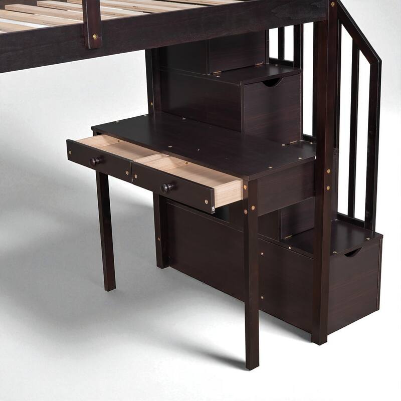 Twin Size Loft Bed with Desk, Storage Drawers, Shelves & Stairs, Wooden Frame for Kids & Teens