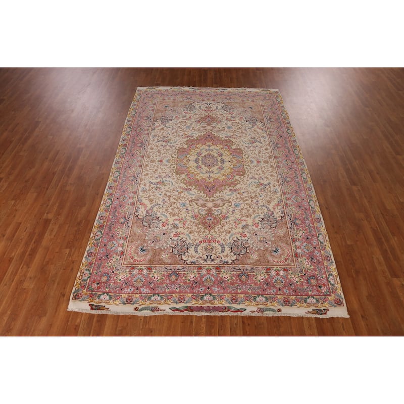 Hand Knotted Oriental Wool & Silk Carpet Traditional Floral Beige & Ivories Tabriz Area Rug - 10' 4'' X 6' 6''