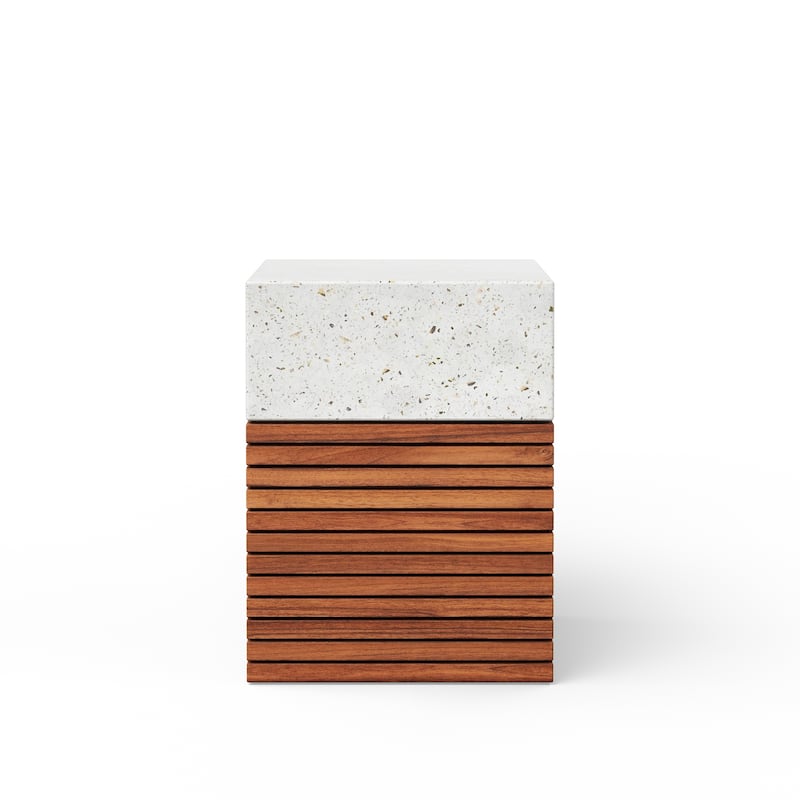 Urbia Stecca Alto Concrete & Teak Stool - Ivory Terrazzo