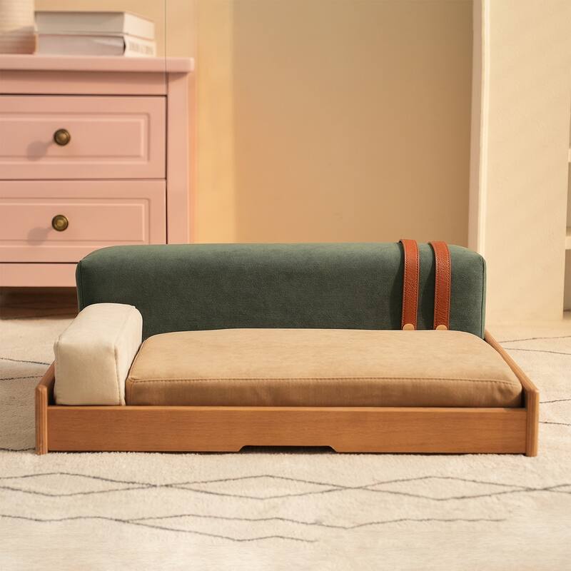 Modern Wooden Pet Bed for Cats & Dogs, Oak Veneer, Scratch-Resistant Fabric, Removable Cushion - Multi