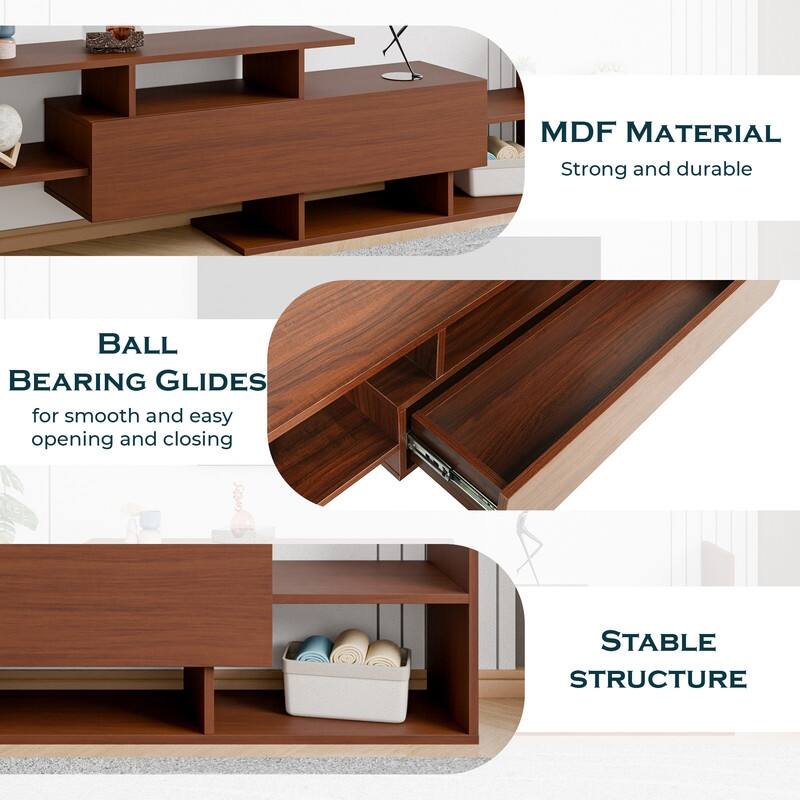 Surrey Multi-functional 60-Inch Modern Wood TV Console with Drawer, Book Case and Open Shelves in Stained Wood Finish